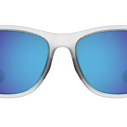 White frame sunglasses with blue mirrored lenses