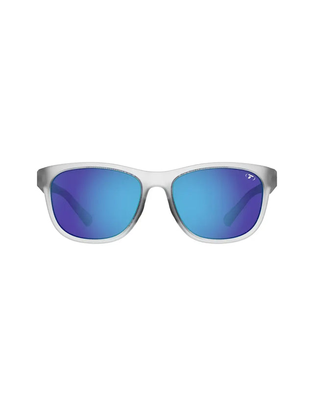 White frame sunglasses with blue mirrored lenses