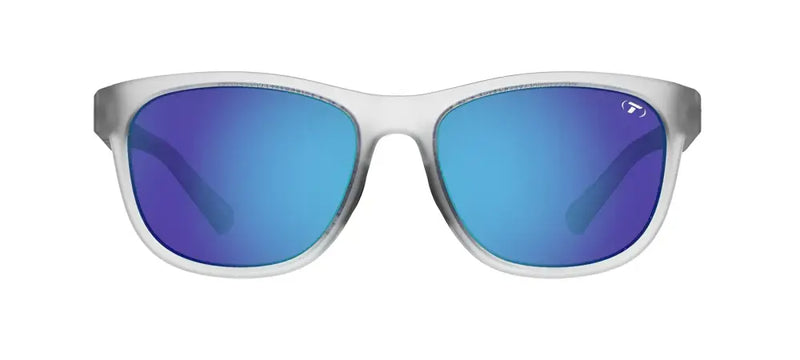 White frame sunglasses with blue mirrored lenses