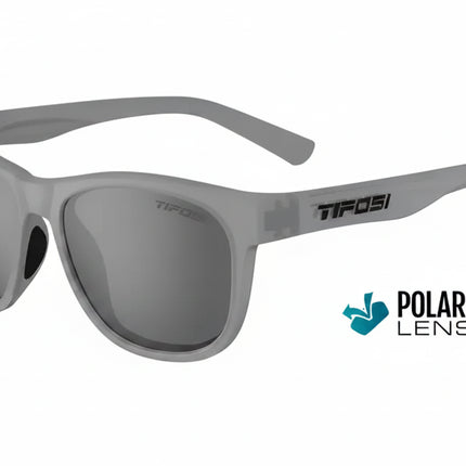 Light grey sunglasses with dark grey polarized lenses and Tifosi logo on the side