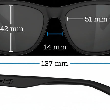 Tifosi Swank sunglasses dimensions: lens height 42mm, lens width 51mm, bridge 14mm, frame width 137mm