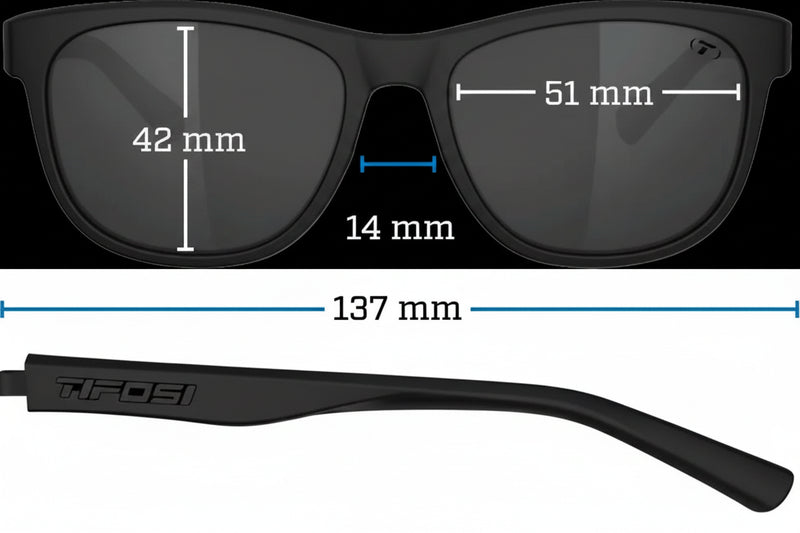 Tifosi Swank sunglasses dimensions: lens height 42mm, lens width 51mm, bridge 14mm, frame width 137mm