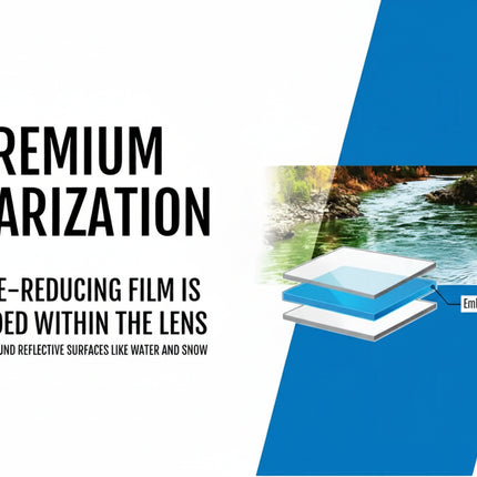 Premium polarization graphic showing lens layers and a river scene