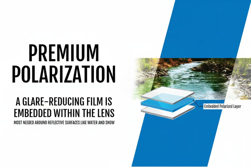 Premium polarization graphic showing lens layers and a river scene