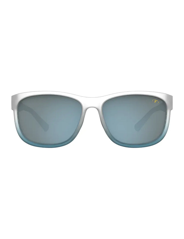 White sunglasses with blue lenses and a small gold logo on the right lens