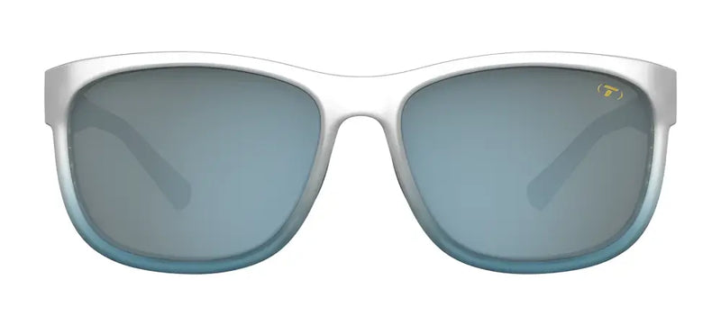 White frame sunglasses with blue gradient lenses