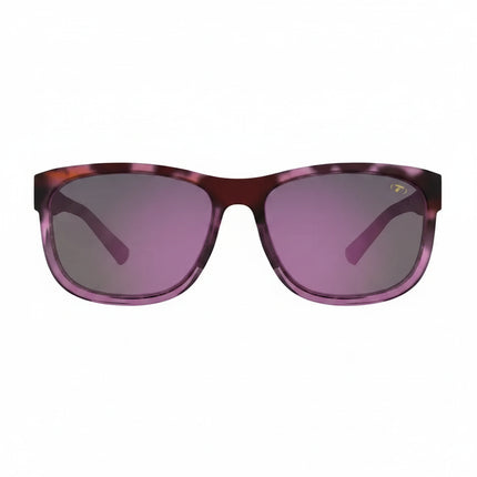Purple sunglasses with a tortoise shell frame and dark purple lenses