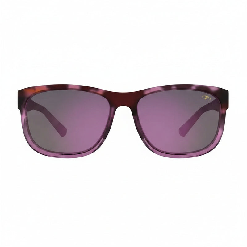 Purple sunglasses with a tortoise shell frame and dark purple lenses