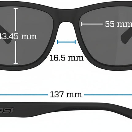 Tifosi Swank sunglasses with measurements for lens height 43.45mm, lens width 55mm, bridge 16.5mm, and frame width 137mm
