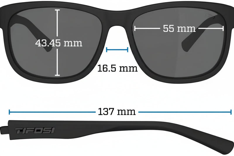 Tifosi Swank sunglasses with measurements for lens height 43.45mm, lens width 55mm, bridge 16.5mm, and frame width 137mm