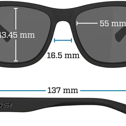 Tifosi sunglasses with dimensions: 43.45mm lens height, 55mm lens width, 16.5mm bridge, 137mm frame width