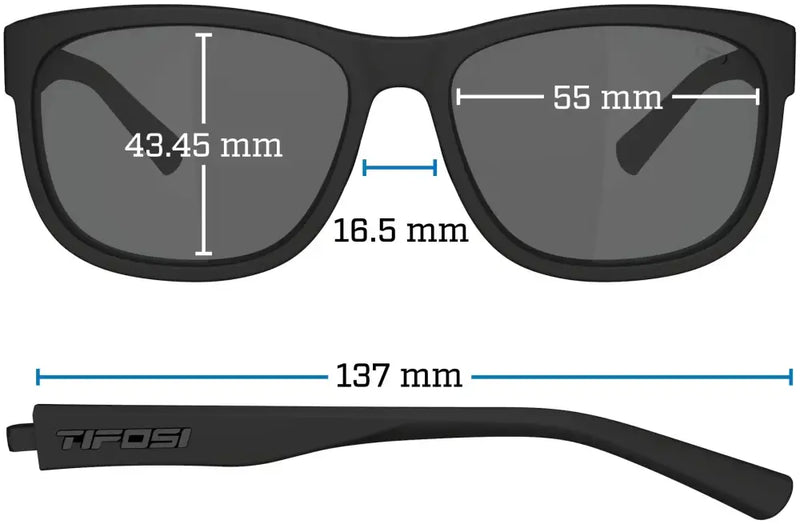 Tifosi sunglasses with dimensions: 43.45mm lens height, 55mm lens width, 16.5mm bridge, 137mm frame width