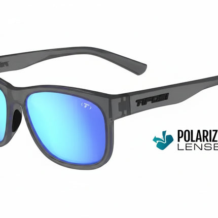 Gray sunglasses with blue polarized lenses and Tifosi logo on the temple