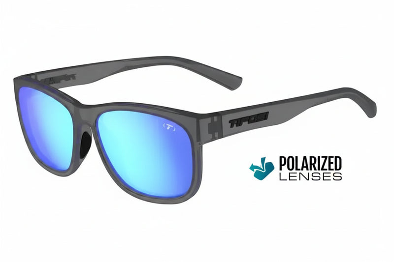 Gray sunglasses with blue polarized lenses and Tifosi logo on the temple