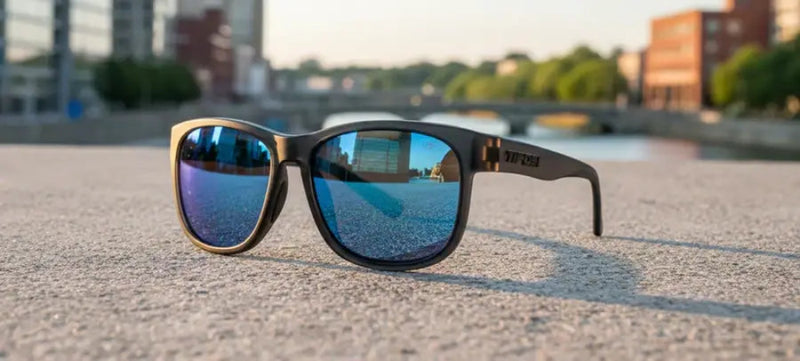Black sunglasses with blue mirrored lenses on a concrete surface, with a city background