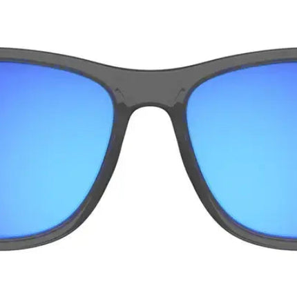Black frame sunglasses with blue mirrored lenses