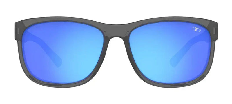 Black frame sunglasses with blue mirrored lenses