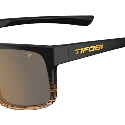 Black sunglasses with brown lenses and a subtle striped pattern on the lower frame