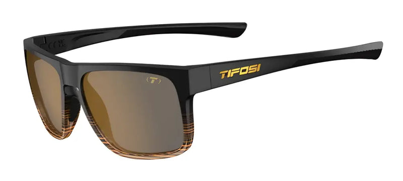 Black sunglasses with brown lenses and a subtle striped pattern on the lower frame