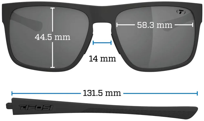 Tifosi Swank XL sunglasses with measurements: lens height 44.5mm, lens width 58.3mm, bridge 14mm, arm 131.5mm
