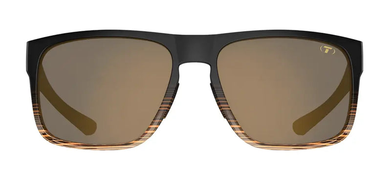 Black sunglasses with brown lenses and striped lower frames