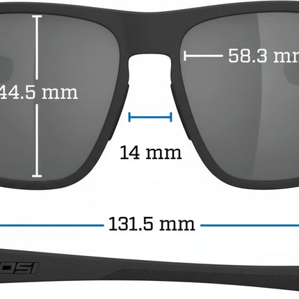 Tifosi Swank XL sunglasses with measurements: lens height 44.5mm, lens width 58.3mm, bridge 14mm, arm 131.5mm