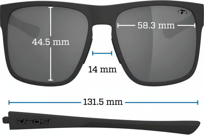 Tifosi Swank XL sunglasses with measurements: lens height 44.5mm, lens width 58.3mm, bridge 14mm, arm 131.5mm