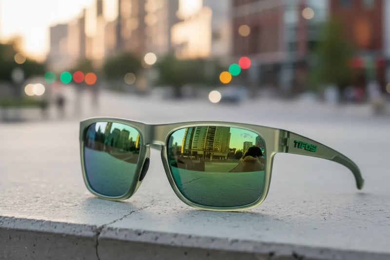 Green sunglasses with reflective lenses on a concrete ledge, city buildings and traffic lights reflected in lenses