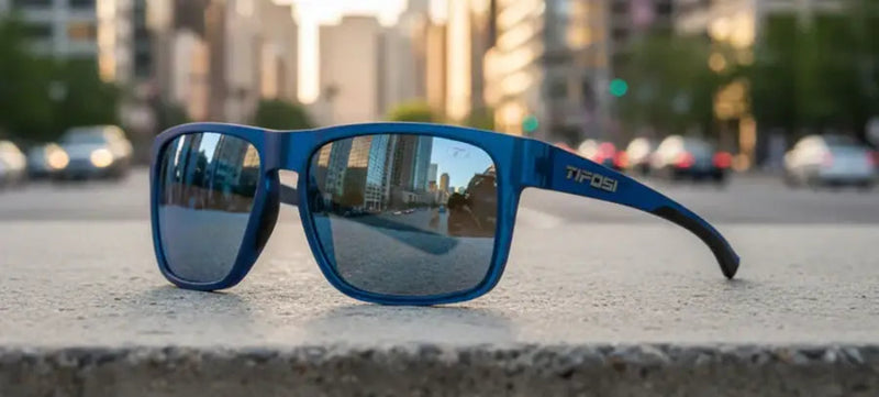 Blue sunglasses with mirrored lenses reflecting a city street and buildings