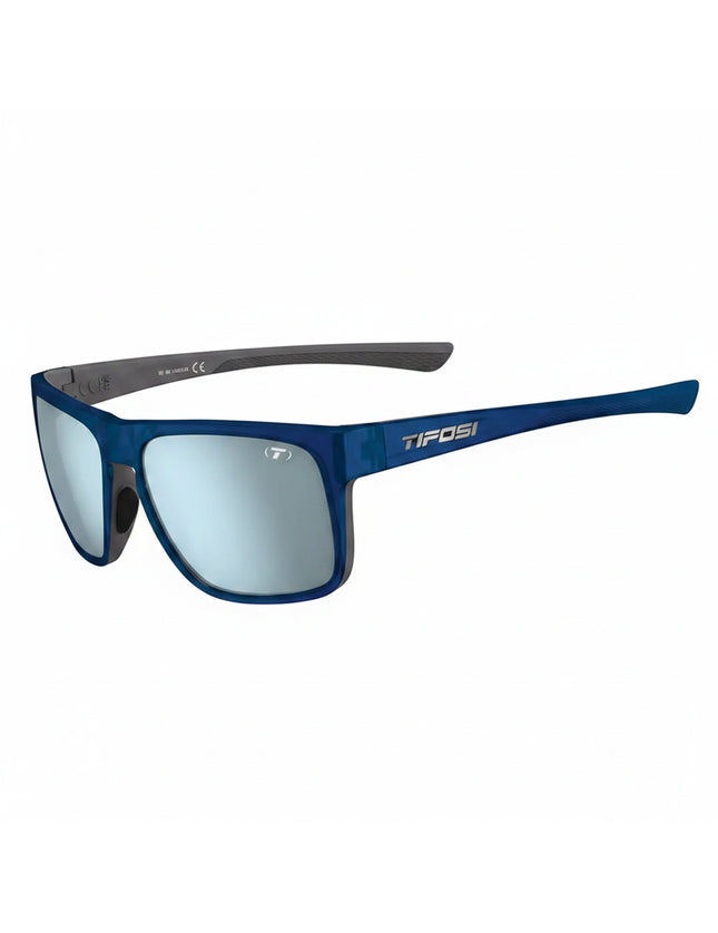 Tifosi blue sunglasses with mirrored lenses and dark grey arms