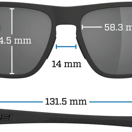 Tifosi Swank XL sunglasses with measurements: lens height 44.5mm, lens width 58.3mm, bridge 14mm, arm 131.5mm