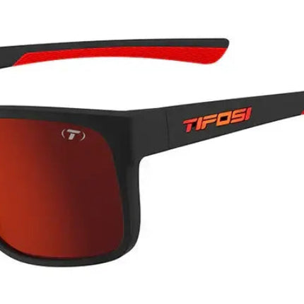 Black sunglasses with red accents and red lenses
