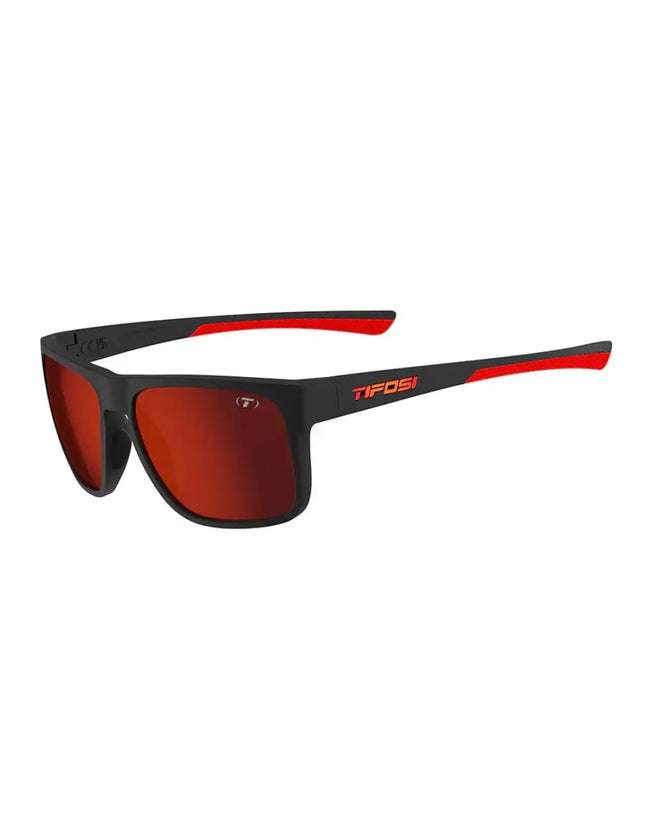 Black sunglasses with red accents and red lenses