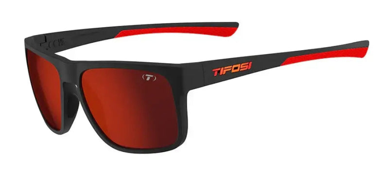 Black sunglasses with red accents and red lenses