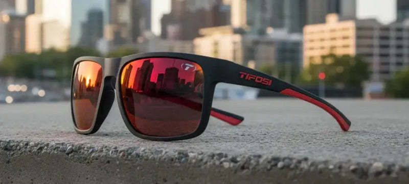 Black sunglasses with red reflective lenses and red accents on the arms, cityscape reflected in lenses
