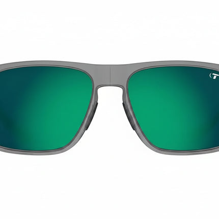 Gray sunglasses with green mirrored lenses