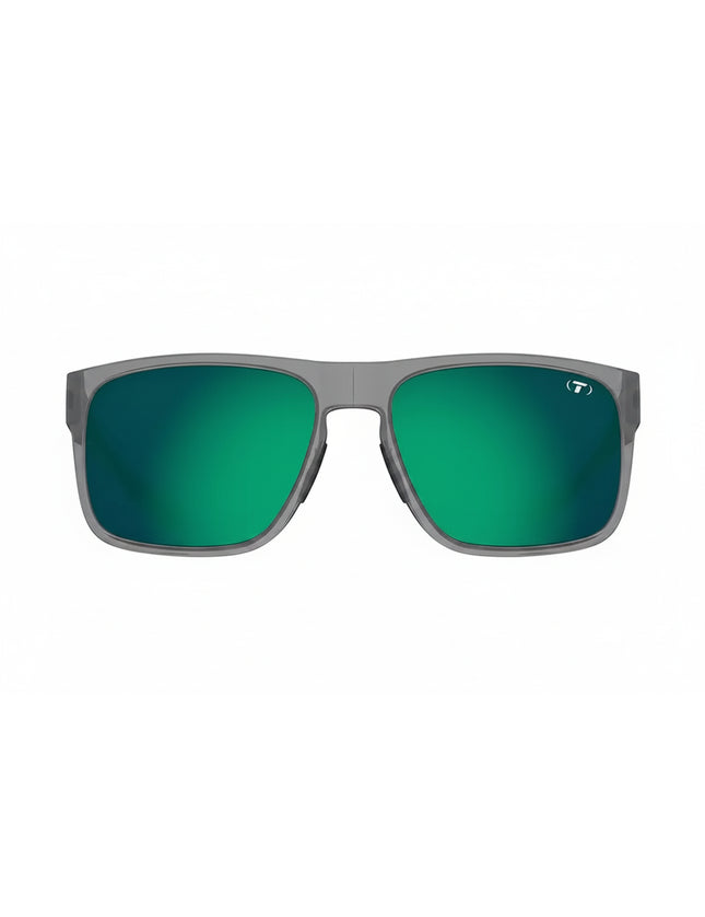 Gray sunglasses with green mirrored lenses