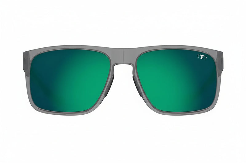 Gray sunglasses with green mirrored lenses