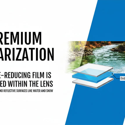 Diagram showing the layers of a polarized lens with a river in the background