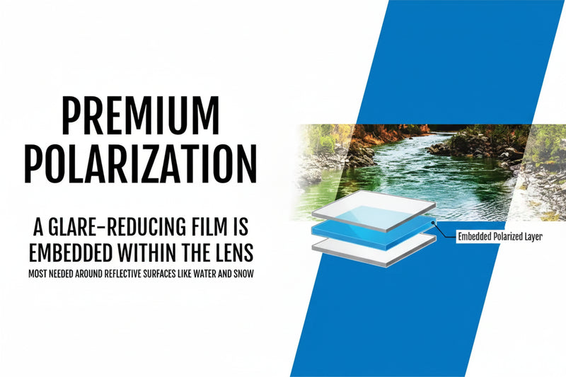 Diagram showing the layers of a polarized lens with a river in the background