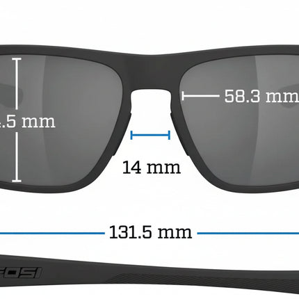 Tifosi Swank XL sunglasses with measurements: lens height 44.5mm, lens width 58.3mm, bridge 14mm, arm 131.5mm