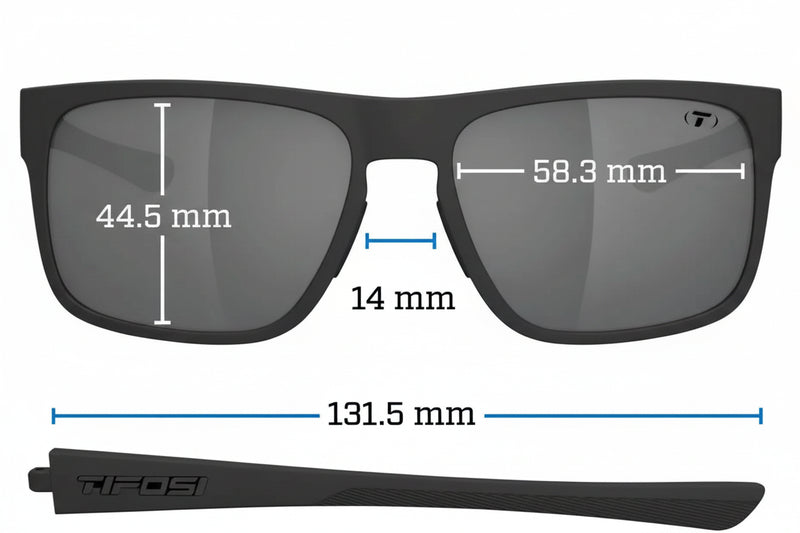 Tifosi Swank XL sunglasses with measurements: lens height 44.5mm, lens width 58.3mm, bridge 14mm, arm 131.5mm