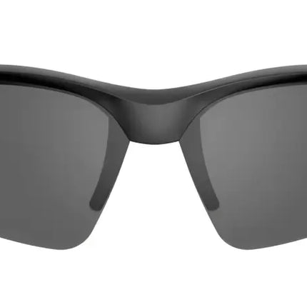 Black sunglasses with dark grey lenses and the Tifosi logo on the right lens