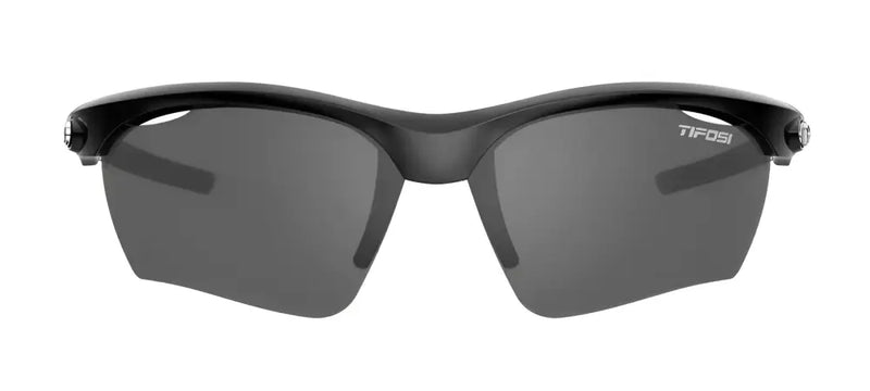 Black sunglasses with dark grey lenses and the Tifosi logo on the right lens