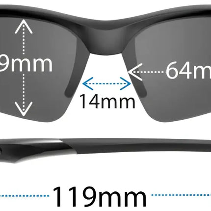 Tifosi sunglasses with measurements: lens height 39mm, lens width 64mm, bridge 14mm, temple length 119mm