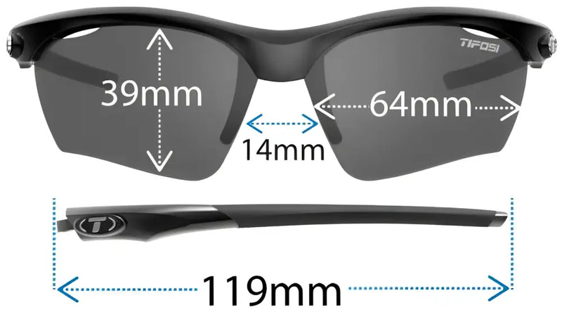 Tifosi sunglasses with measurements: lens height 39mm, lens width 64mm, bridge 14mm, temple length 119mm
