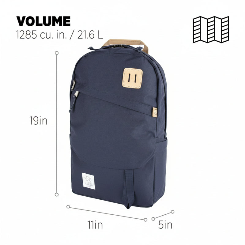 Navy blue backpack with tan handle and accents, showing dimensions of 19in height, 11in width, and 5in depth