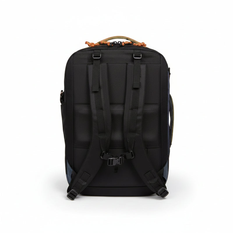 Rear view of a black backpack with padded shoulder straps and a chest strap
