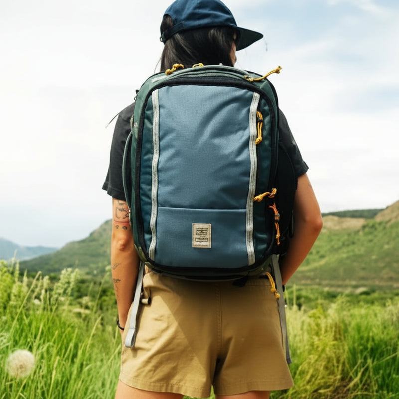 Person wearing a blue and green backpack, facing away, in a field with mountains in the background