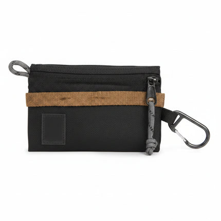 Black wallet with a brown strap and a carabiner clip